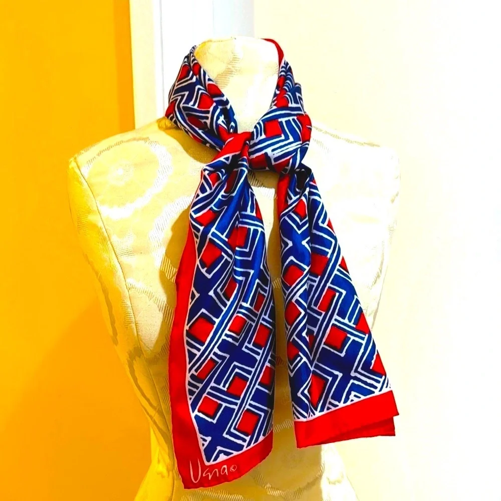 Vera Rectangular Geo Abstract Red White Blue Vintage Scarf Japan 44”x15 1/2”